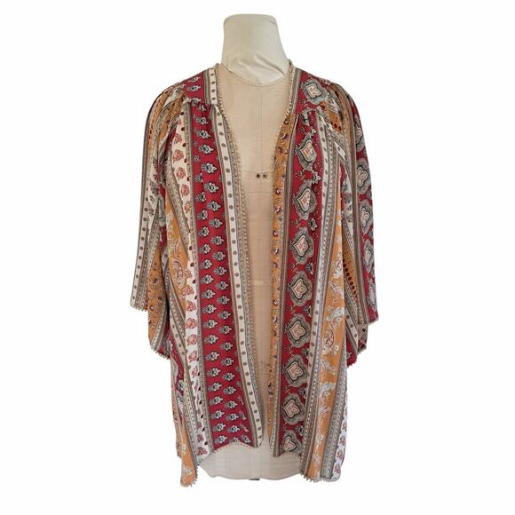 FOREVER 21 Boho Flowy Kimono Style Top Size L Loose Cover Up Floral Stripe Print - Picture 5 of 11
